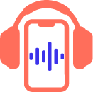 Icon of a smartphone with a sound wave graphic on its screen, surrounded by red headphones. The overall color scheme includes red for the headphones and smartphone outline, and blue for the sound wave on the screen.