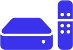 A blue icon of a set-top box with a matching remote control. The set-top box has a rectangular shape with rounded edges and a small circle indicating a power button. The remote control features several buttons arranged in two rows.