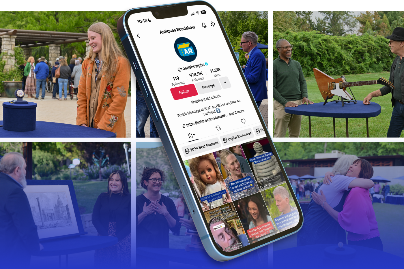A collage of images from an Antiques Roadshow event. In the center, a large smartphone screen displays the Antiques Roadshow TikTok profile with 978.9K followers and 11.2M likes. The top left image shows a group of people gathered around a table with an antique pocket watch on display. The top right image features two men standing by a table with an electric guitar on it. The bottom left image shows a man presenting a framed artwork to another person. The bottom middle image depicts two people in conversation, one gesturing with hands on chest. The bottom right image captures two women hugging each other warmly at the event.